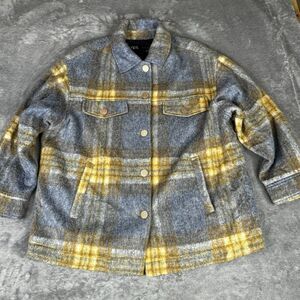 Zara Wool Blend Shirt Jacket Womens Medium Gray Yellow Oversized Button Shacket